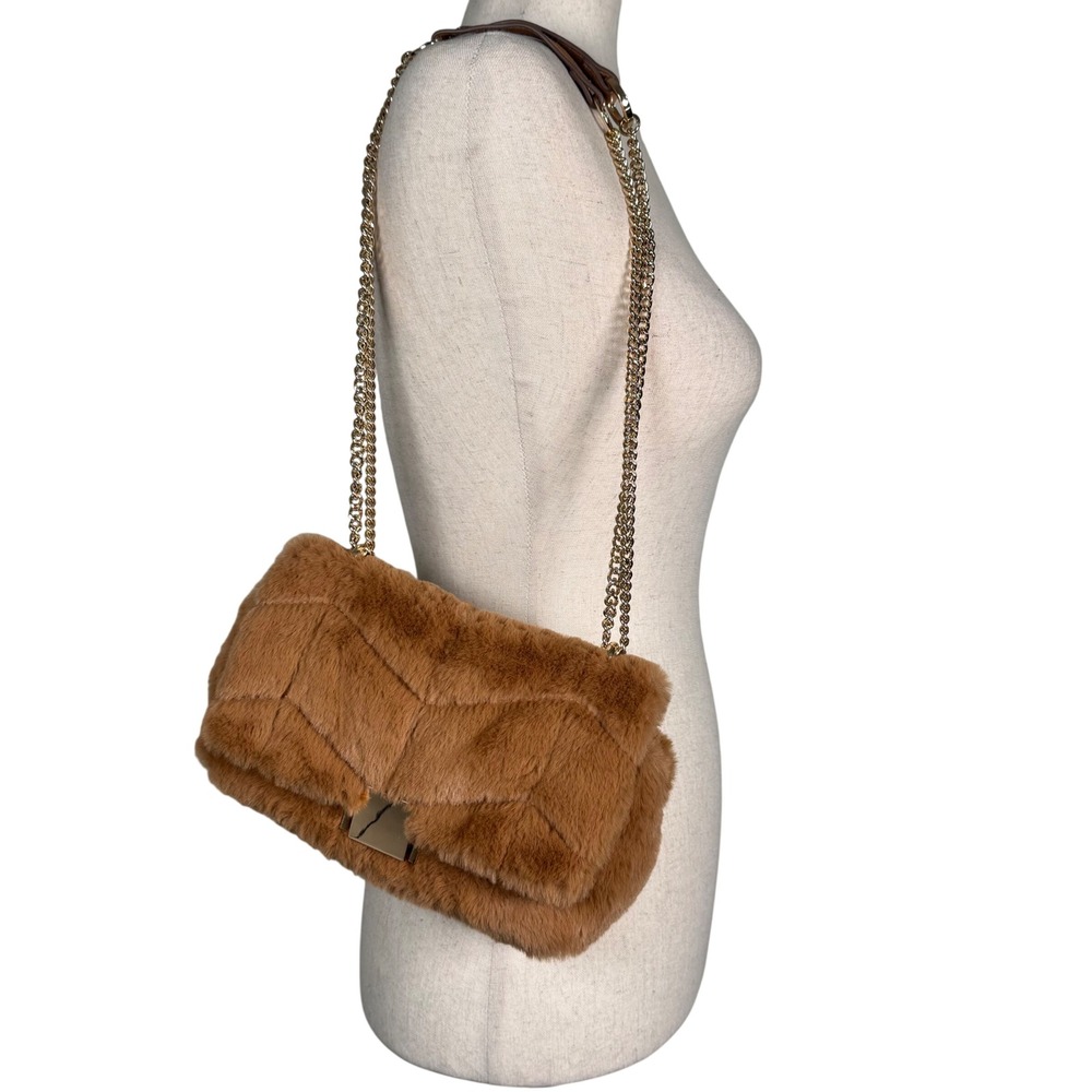 A New Day Faux Fur Shoulder Bag Women Small Brown Quilted Chain Strap Plush Soft